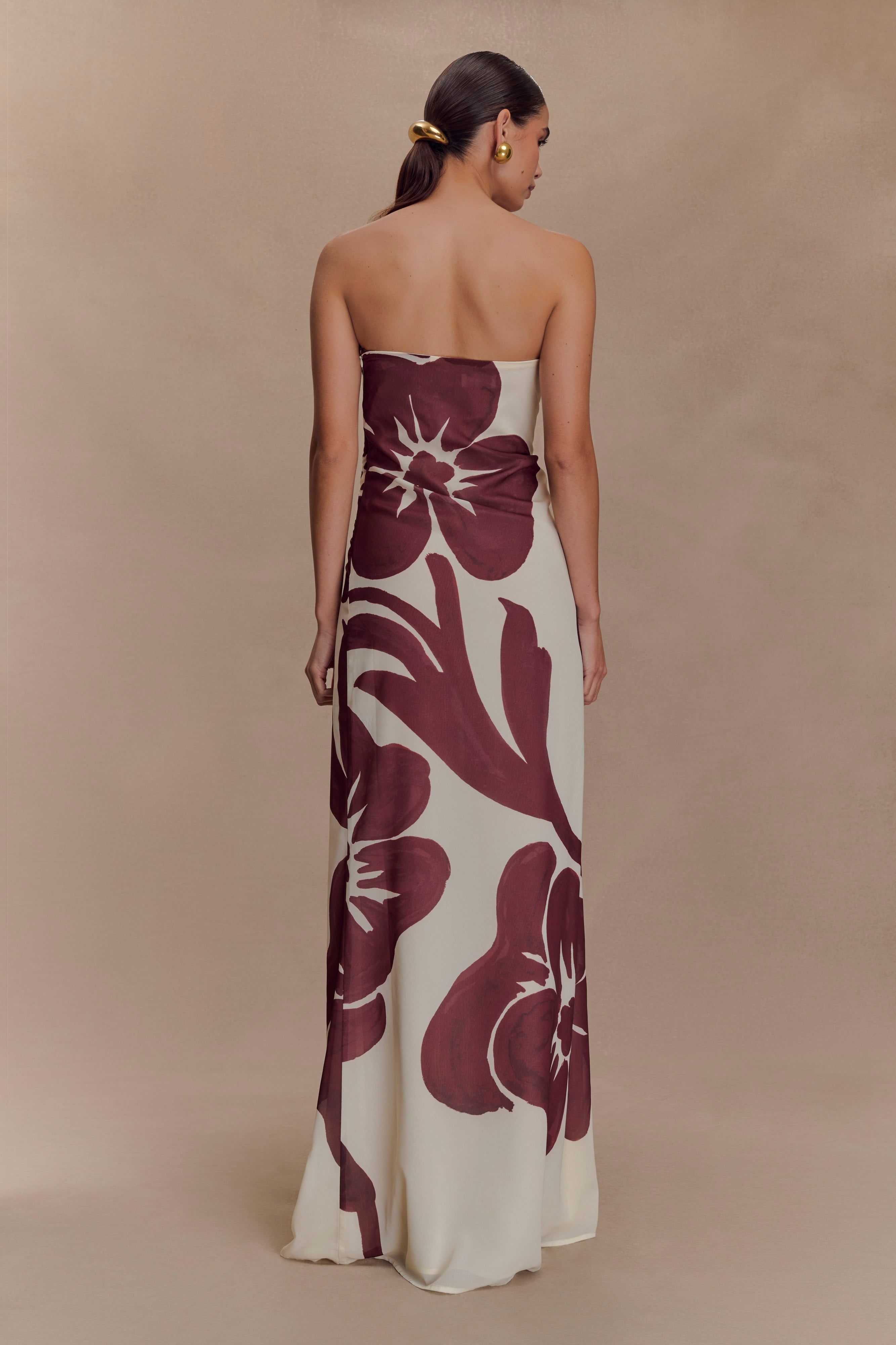 Amaya Strapless Chiffon Maxi Dress - Chocolate Deco Fleur Print